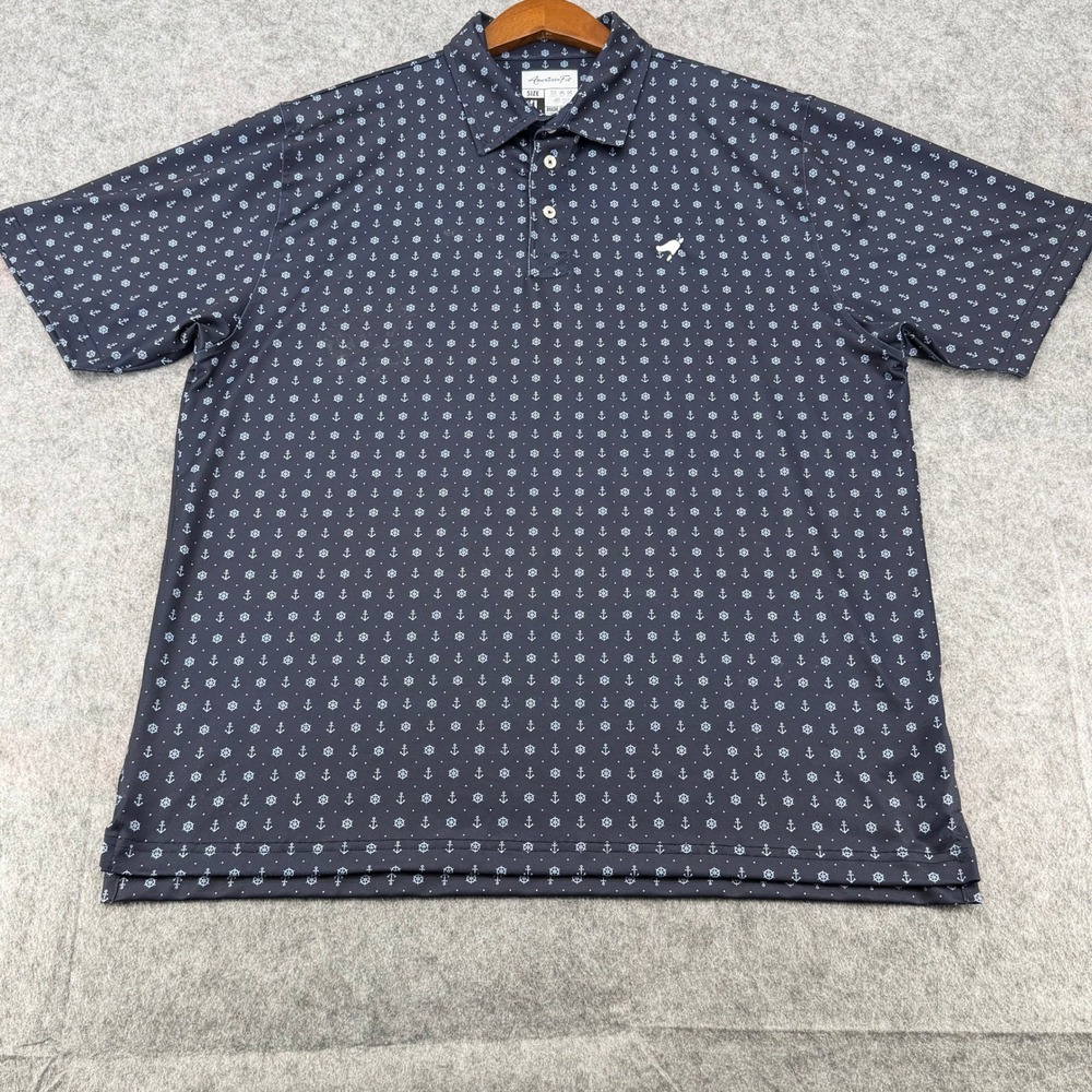 American Fit Mens XL Navy Blue Anchor Ship Wheel Nautical Print Golf Polo Shirt